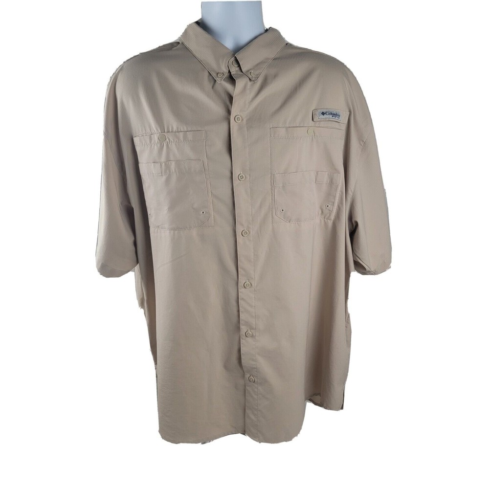 Columbia PFG Shirt Tan Omni-Shade Vented Short Sleeve Fishing Shirt Mens Sz 2XL